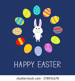 Happy Easter. Cute bunny rabbit. Round frame. Flat design. Vector illustration