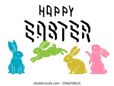 Happy Easter with cute bunny rabbits line art vector drawing, hand drawn minimalism style. Vector illustration.