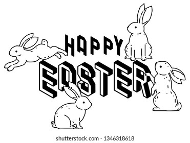 Happy Easter with cute bunny rabbits line art vector drawing, hand drawn minimalism style. Vector illustration.