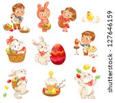 Happy Easter. Cute Easter bunny sitting in a basket, juggling with easter eggs, decorated Easter Egg. Little girl holding large chocolate egg. Boy dressed in a bunny costume. Vector illustration. Set