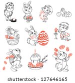 Happy Easter. Cute Easter bunny sitting in a basket, juggling with easter eggs, decorated Easter Egg. Little girl holding a large chocolate egg. Boy dressed in a bunny costume. Coloring book. Set