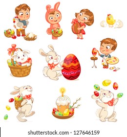 Happy Easter. Cute Easter bunny sitting in a basket, juggling with easter eggs, decorated Easter Egg. Little girl holding large chocolate egg. Boy dressed in a bunny costume. Vector illustration. Set