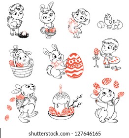 Happy Easter. Cute Easter bunny sitting in a basket, juggling with easter eggs, decorated Easter Egg. Little girl holding a large chocolate egg. Boy dressed in a bunny costume. Coloring book. Set