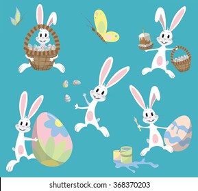 Happy Easter. Cute Easter bunny sitting in a basket, juggling with easter eggs, decorated Easter Egg, throws eggs. Vector illustration. Set. Isolated on blue background