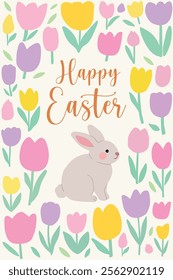Happy Easter. Cute Easter bunny and spring flowers in pastel colors on light background. Modern style design, pastel colors. Modern minimal style. Easter poster and greeting card.