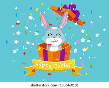 Happy Easter and cute bunny that comes out of the gift box. Vector illustration decorative element on Easter Day