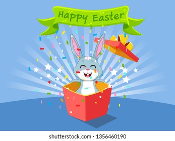 Happy Easter and cute bunny that comes out of the gift box. Vector illustration decorative element on Easter Day