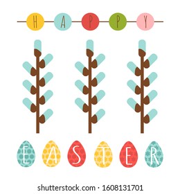 
Happy Easter. Cute easter card. Beautiful spring colored concept with eggs and willow for greeting cards and banners.
