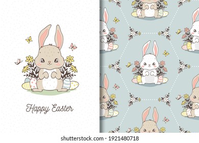 Happy Easter cute card with bunny and seamless pattern