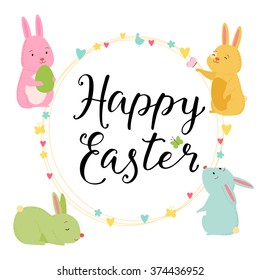 Happy Easter cute card. Design elements set with cute bunny, eggs, chicken, lettering. Cute, trendy design elements for different decor.  Lettering sing - happy easter.