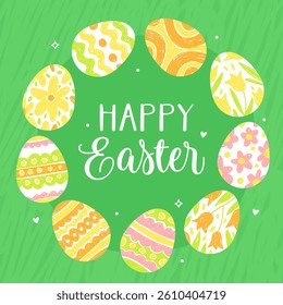 Happy Easter. Cute card for Easter. Various Easter eggs with patterns on a green background.	