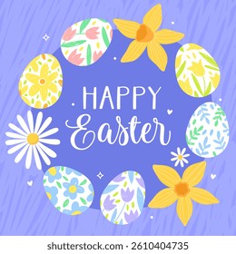 Happy Easter. Cute card for Easter. Various Easter eggs and flowers on a blue background.	