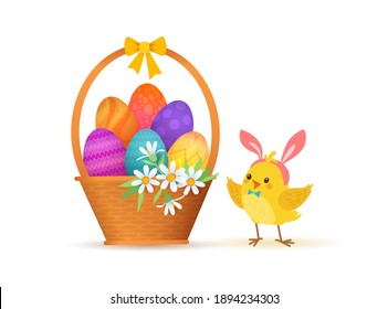 Happy Easter! Cute cartoon chicken and basket. Funny yellow chickens with Bunny Hears, vector illustration.