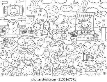 Happy Easter. Cute cartoon coloring page. Big vector coloring poster with bunny, eggs, birds. Printable worksheets	
