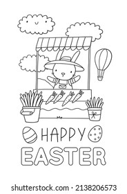 Happy Easter. Cute cartoon coloring page. Vector coloring poster with bunny, eggs, birds. Printable worksheets	
