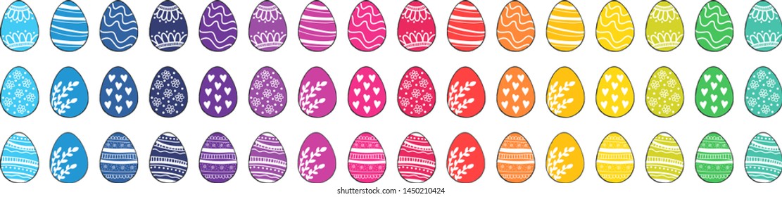 Happy Easter with cute cartoon eggs colorful hand drawing. Isolated objects on white background. Vector illustration. Festive design elements. Concept for greeting card, invitation.