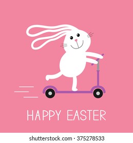Happy Easter. Cute cartoon rabbit hare riding a kick scooter. Pink baby background. Flat design. Pastel color background. Vector illustration