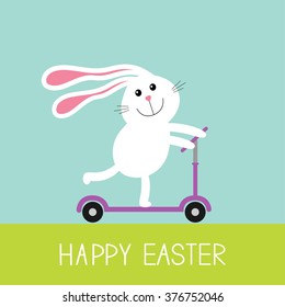 Happy Easter. Cute cartoon rabbit hare riding a kick scooter. Grass and sky. Baby background. Flat design. Pastel color background. Vector illustration