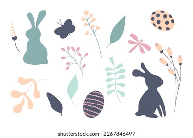 Happy Easter. Cute Easter cartoon spring decorative design elements - bunnies, eggs, flowers, leaves, butterfly