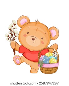 Happy Easter. Cute cartoon teddy bear with a willow twig and a basket of colored eggs. Stock vector illustration