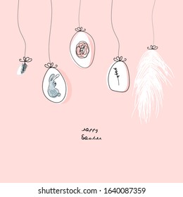 Happy easter  cute celebration greeting card with cartoon doodle delicate decoration with florals, bunny and feather symbols