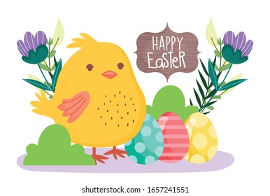 happy easter cute chicken decorative eggs flowers banner vector illustration