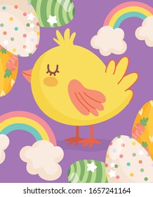 happy easter cute chicken dotted eggs rainbow clouds card vector illustration