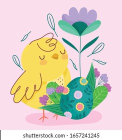 feliz Pascua pollo lindo con huevo decorado con flores hojas ilustraciones vectoriales