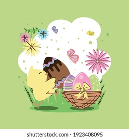 happy easter cute chicken with eggs flowers butterfly and basket vector illustration cartoon