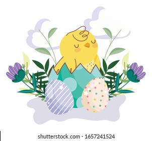 happy easter cute chicken in eggshell eggs flowers leaves decoration vector illustration
