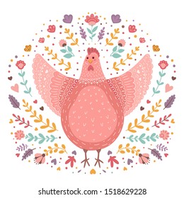 Happy Easter. Cute chicken with flowers and leaves. Floral decoration element with bird. Botanical colorful vector illustration for apparel or package design, poster, cards, food or farming design. 