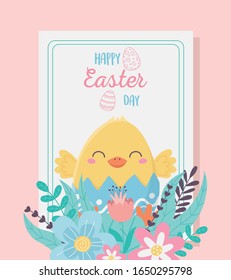 happy easter cute chicken flowers floral celebration card vector illustration
