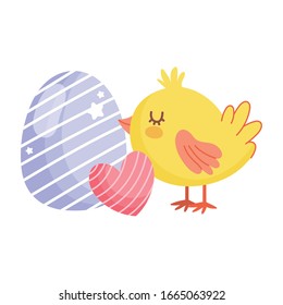 happy easter cute chicken with heart and egg decoration vector illustration