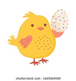 Pascua feliz, adorable gallina sosteniendo huevos punteados ilustración vectorial