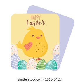 happy easter cute chicken on decorative eggs festive card vector illustration