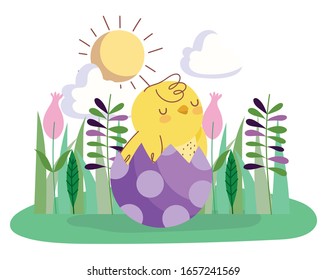 happy easter cute chicken in purple eggshell flowers grass sun decoration vector illustration