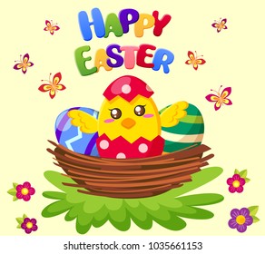 Happy Easter. Cute Easter chicken sitting in nest with Easter eggs