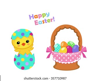 Happy Easter. Cute Easter chicken sitting in egg  with a basket. Vector illustration. Set Isolated separately on white background.