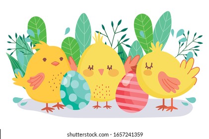 happy easter cute chickens decorative eggs foliage decoration vector illustration