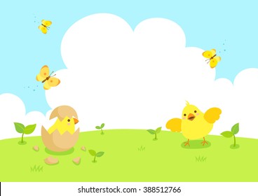 Happy Easter with cute chicks and butterfly.Spring background