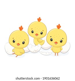 Happy Easter. Cute chicks with eggs. Vector illustration.