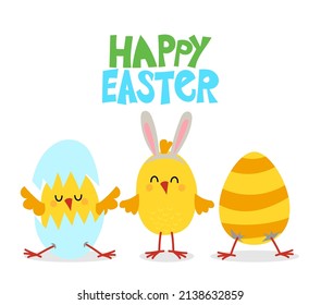 Happy Easter - cute chicks and hatching chick with eggshell. Cartoon easter bunny painting an egg. Eggs in basket, flowers, chickens, hen and cock bundle. Illustration of funny rabbit and bunny season