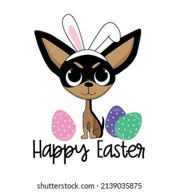 Happy Easter - cute chighuahua dog in bunny ears. Hand drawn graphic. Good for greeting card, poster, banner, label, mug and other gifts design for Easter.