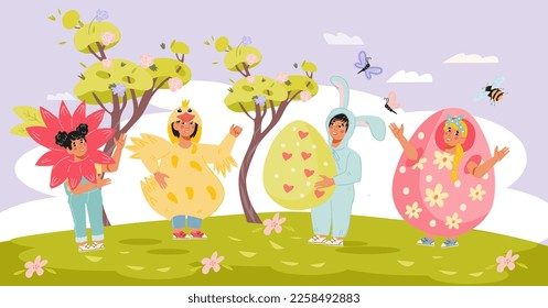 Feliz Pascua, lindos niños caricaturistas con un disfraz de conejo, flores y polluelo en jardín de primavera, ilustración vectorial plana.