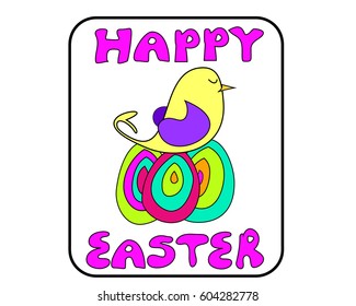 Happy Easter - cute clip art vector of a chick and her colorful eggs.