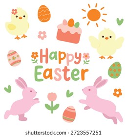 Happy easter cute clipart set with bunny chick eggs Happy easter illustration set with bunny chicks and eggs Cute happy easter clipart with spring animals and cake