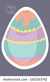 Happy Easter. Cute colorful greeting card with Easter egg and festive lettering. Doodle vector illustration isolated on grey background. 
