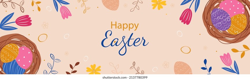 Happy easter. Cute Easter design with nest, eggs, flowers, branches. Horizontal poster, banner, greeting card, website header.