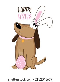 Happy Easter - cute dog in bunny ears. Hand drawn graphic. Good for greeting card, poster, banner, label, mug and other gifts design for Easter.