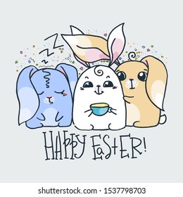 Happy Easter. Cute doodle rabbits. Hand drawn vector illustration. Nice for t-shirt print, kids wear fashion design, baby shower invitation and greetings card.